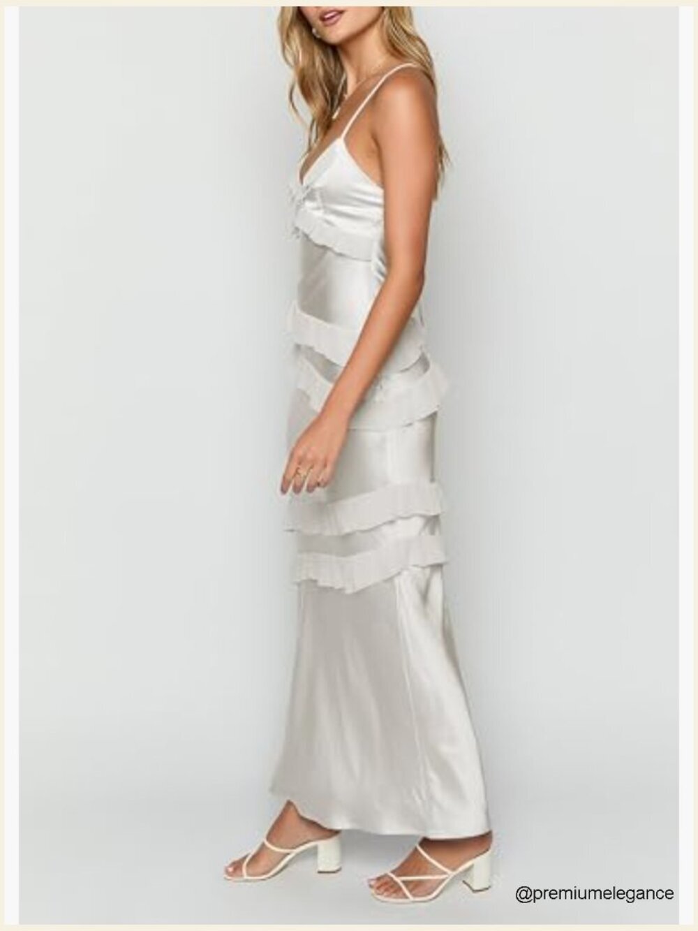Satin Maxi Dress with V-Neck Ruffle Spaghetti Strap Tie Backless Formal - Picture 2 of 6